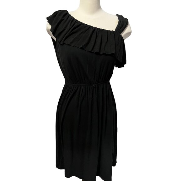 Madison Black Ruffle One Shoulder Mini Dress Sz Petite Small Flowy Ruffle Collar - Picture 12 of 13